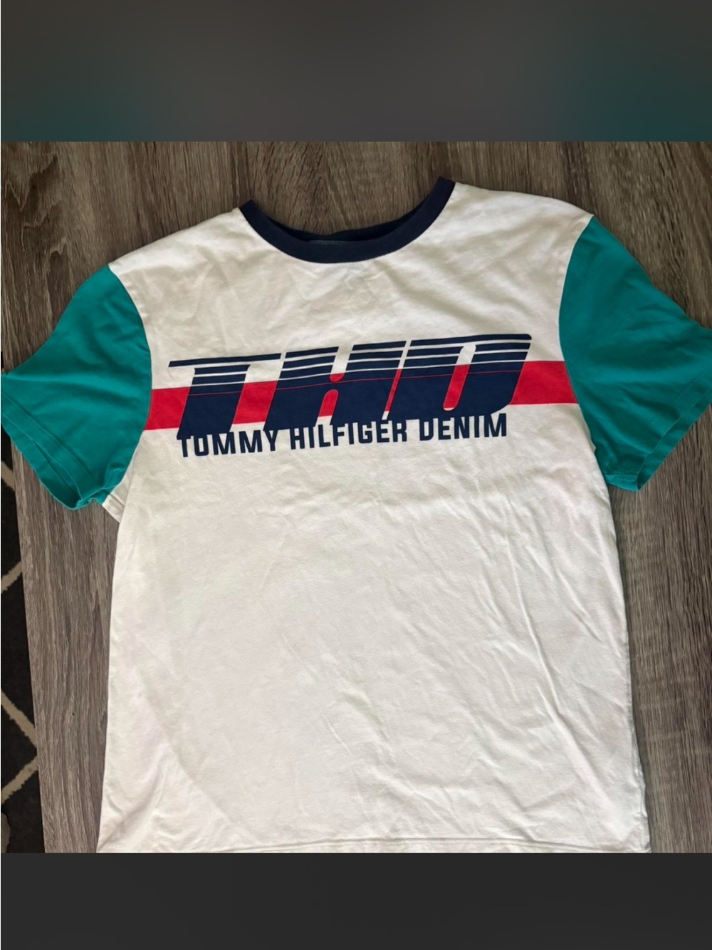 Tommy Hilfiger White Tee with Teal Sleeves and Red/Navy Logo